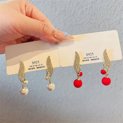 Silver Needle Pearl Rhinestone Earrings